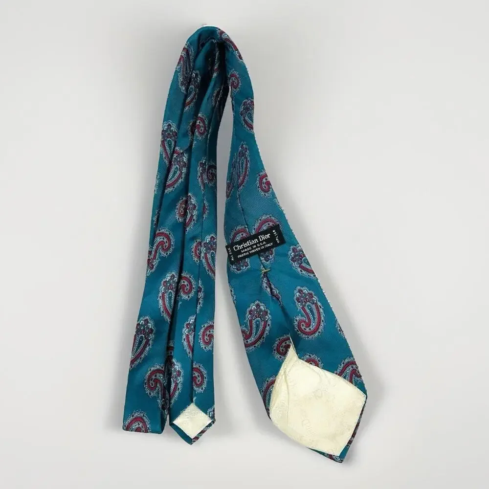 Vtg Christian Dior All Silk Neck Tie Teal Green Red Paisley
